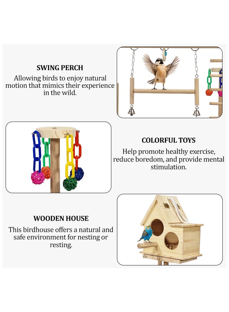 MAJIBAO Bird play stand, Multi-level bird perch with Bird nest, Climbing ladders, Swinging perch, Colorful toys, feeding bowls, and Removable tray, Wooden bird stand for small to medium birds 63 cm (Beige) - Image 3