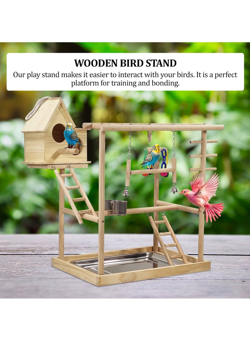 MAJIBAO Bird play stand, Multi-level bird perch with Bird nest, Climbing ladders, Swinging perch, Colorful toys, feeding bowls, and Removable tray, Wooden bird stand for small to medium birds 63 cm (Beige) - Image 5
