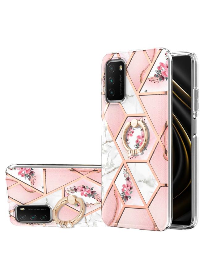 The Bros Case For Xiaomi Poco M3 / Redmi Note 9 4G / Redmi 9 Power / Redmi 9T Electroplating Splicing Marble Flower Pattern TPU Shockproof Case with Rhinestone Ring Holder