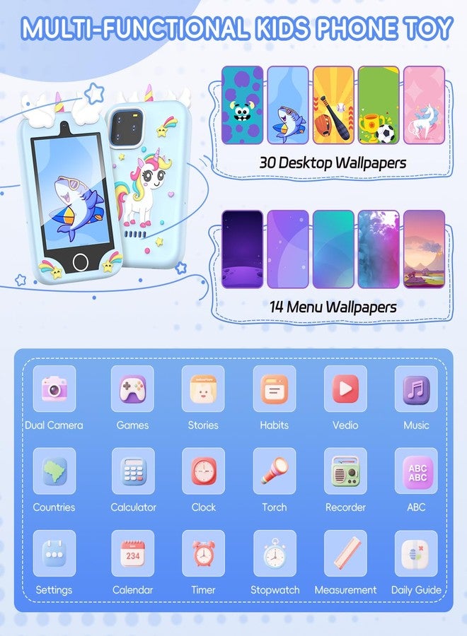 Sylvanthos Kids Smart Phone Toy - 3.5" Touchscreen with Dual Cameras, Learning, Fun Entertainment, 8 GB Card Toy Phone for Kids, Toddler Toy Phone for Girls Boys Age 3-12(Blue) - Image 2