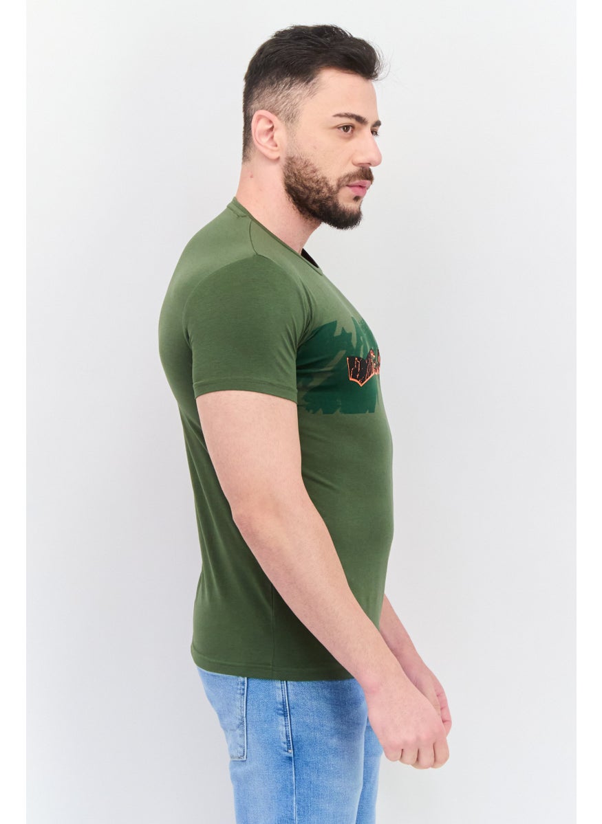GAS - Men Crew Neck Short Sleeve Brand Logo T Shirt, Dark Olive Combo - Image 1