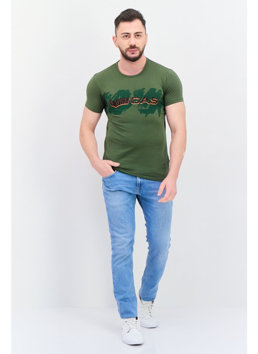 GAS - Men Crew Neck Short Sleeve Brand Logo T Shirt, Dark Olive Combo - Image 1