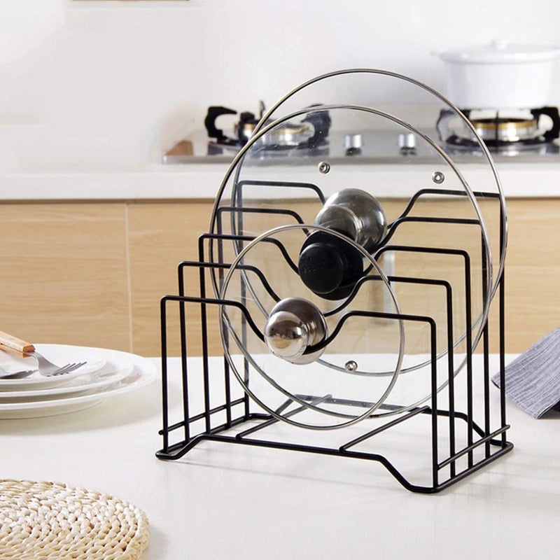RD MALL Kitchen Pot Lid Organizer 4 Section Plate Pot Lid Rack Cutting Board Organizer Black 1 Piece - Image 1