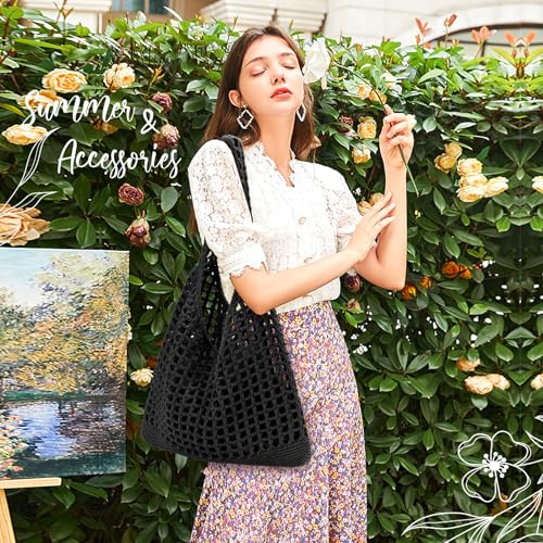 EIMMBD Crochet Bags for Women Beach Totes Bags Aesthetic Summer Tote Shoulder Hippie Bag Knit Bag,13 x 14 inch(B-Black) - Image 2