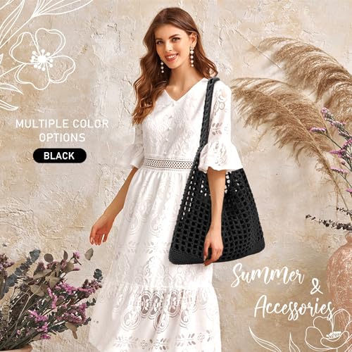 EIMMBD Crochet Bags for Women Beach Totes Bags Aesthetic Summer Tote Shoulder Hippie Bag Knit Bag,13 x 14 inch(B-Black) - Image 4
