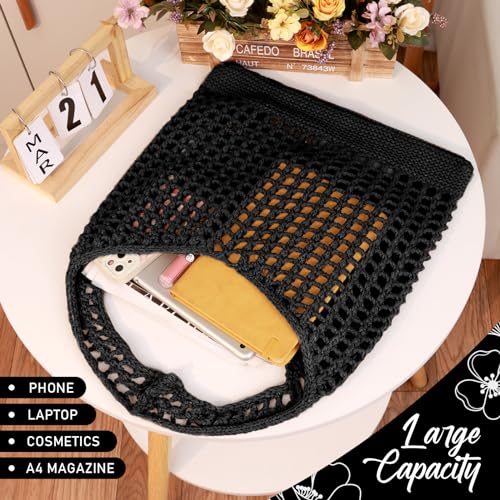 EIMMBD Crochet Bags for Women Beach Totes Bags Aesthetic Summer Tote Shoulder Hippie Bag Knit Bag,13 x 14 inch(B-Black) - Image 3