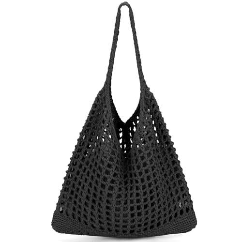 EIMMBD Crochet Bags for Women Beach Totes Bags Aesthetic Summer Tote Shoulder Hippie Bag Knit Bag,13 x 14 inch(B-Black) - Image 1