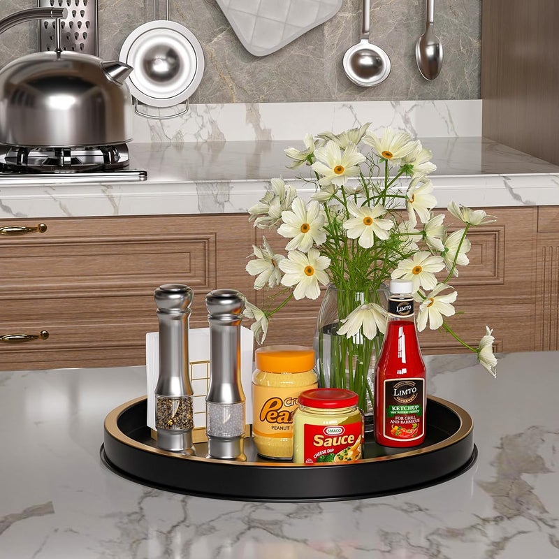 HGF Round Tray for Kitchen Countertop, 12 Inch Lightweight Metal Trays for Napkin Holder Condiment Spice Organizer, Decorative Tray for Coffee Table Kitchen Decor, Black Brushed Gold - Image 4