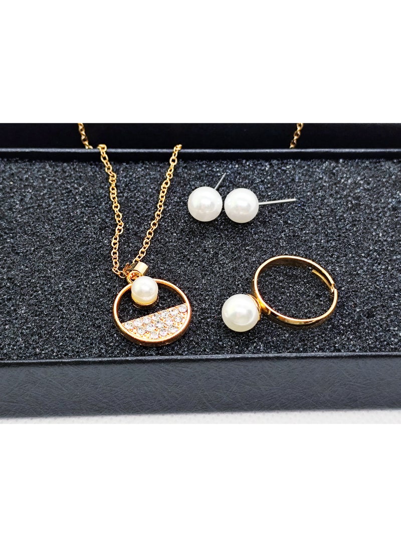 GELESE Women's Necklace, Earrings and Ring Set, Round Pearl Necklace, Pearl Earrings and Ring 3-Piece Set (Gold) - Image 1