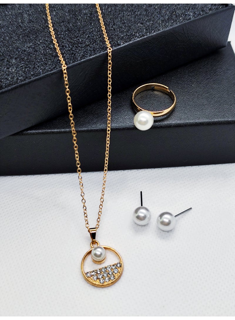 GELESE Women's Necklace, Earrings and Ring Set, Round Pearl Necklace, Pearl Earrings and Ring 3-Piece Set (Gold) - Image 2