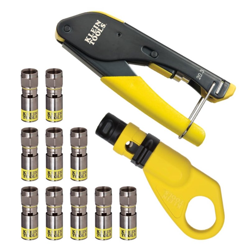 Klein Tools 80151 Coax Cable Compression Crimper and Stripper Set with 10Pack of RG66Q FConnectors for Fast and Reliable Installation 3Piece