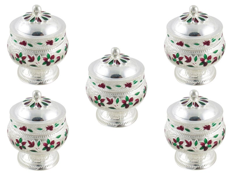 GoldGiftIdeas Silver Plated Sindoor Dabbi With Lid (Pack of 5), Pooja Items for Home, Return Gifts for Women, Sindoor Box for Pooja with designer potli bags - Image 1