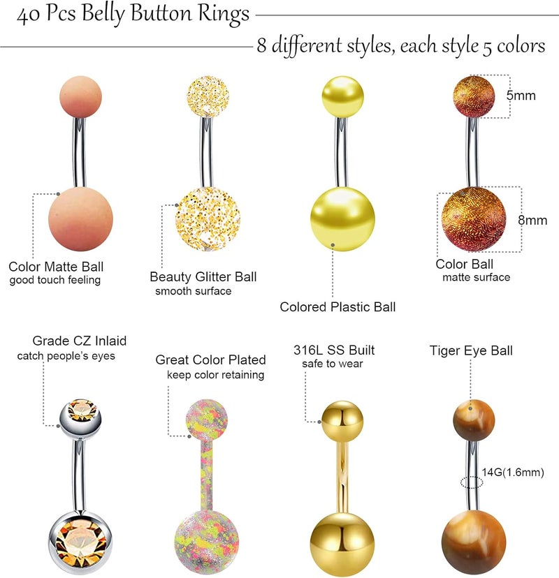 EVELICAL 24-50Pcs 14G Stainless Steel Belly Button Rings for Women CZ Screw Navel Bars Body Piercing Jewelry - Image 2