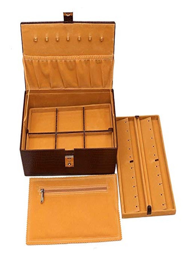 Red Cherry Leather 3 Tray Jewelry Box, Brown - Image 3
