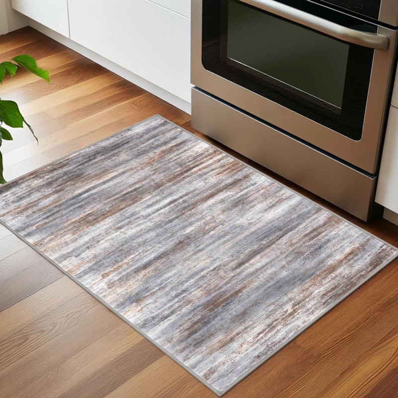KOZYFLY Modern Abstract Small Area Rugs 2x3, Washable Kitchen Rug Non-Slip Soft Small Bathroom Rug, Grey Brown Striped Entryway Rugs Print Faux Wool Doormat for Bedside Entrance Bedroom Sink - Image 2