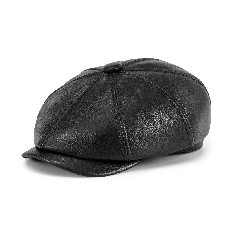 VOBOOM Men Women Genuine Newsboy Leather Cap 8 Panel Gatsby Ivy Hat (Black, 7 1/4) - Image 2
