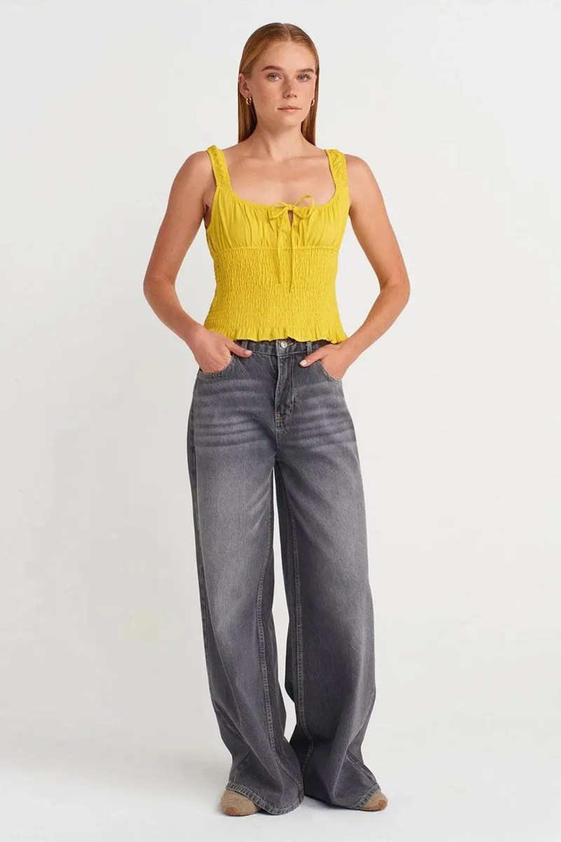 Dilvin Lemon Yellow DILVIN Fitted Crop Sleeveless Tie-Front Blouse for Women | Best Price UAE