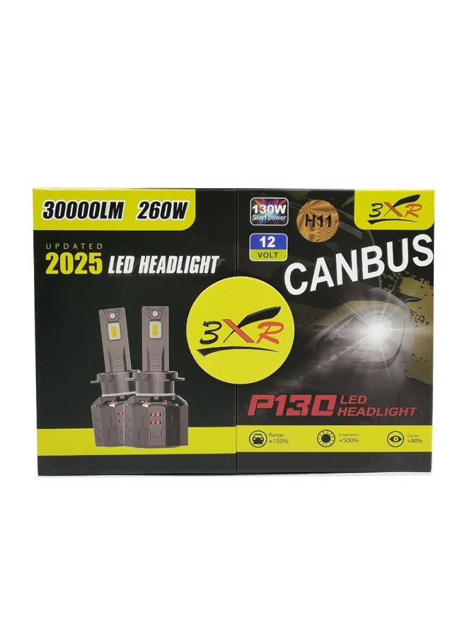3 اكس ار مصابيح أمامية LED من 3XR طراز P130، نوع H11، 12 فولت، بتقنية CANBUS، بقوة 30000 لومن و260 واط، مجموعة مصابيح LED للسيارة، إضاءة بيضاء 6500 كلفن، مقاومة للماء بمعيار IP65، سطوع عالي، شعاع ضوئي مركز، مصنوعة من الألومنيوم المستخدم في صناعة الطائرات، عمر افتراضي طويل، سهلة التركيب، للاستخدام أثناء القيادة الليلية، إضاءة سيارات، قطع غيار لمصابيح الضباب. - Image 3