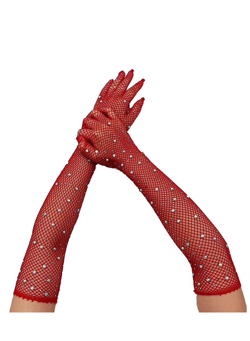 Womens Rhinestone Fishnet Long Gloves Mesh Gloves Goth Cosplay Costume Accessories（Red） 