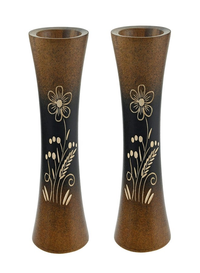 AeraVida Set of 2 Stylish Black and Brown Stain Handcarved 8-inch Flower Vase | Bali Inspired Farmhouse Home Décor - Image 1