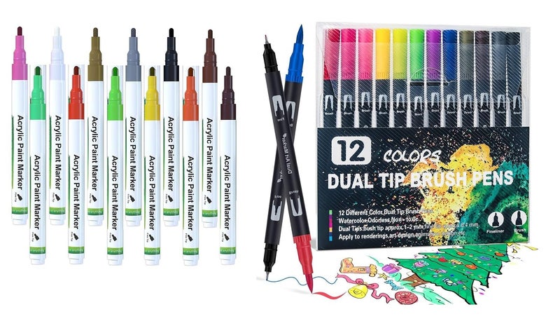 Amitasha Amitasha 24 Shades (Acrylic 12 + 12 Pcs Dual Tip Brush Pens) Marker Paint Pens, Wood, Canvas, Stone, Rock Painting, Glass, Ceramic Surfaces, Scrapbooking, Fabric, Plastic, Card Making, DIY Crafts  - Image 1