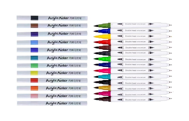 Amitasha Amitasha 24 Shades (Acrylic 12 + 12 Pcs Dual Tip Brush Pens) Marker Paint Pens, Wood, Canvas, Stone, Rock Painting, Glass, Ceramic Surfaces, Scrapbooking, Fabric, Plastic, Card Making, DIY Crafts  - Image 2
