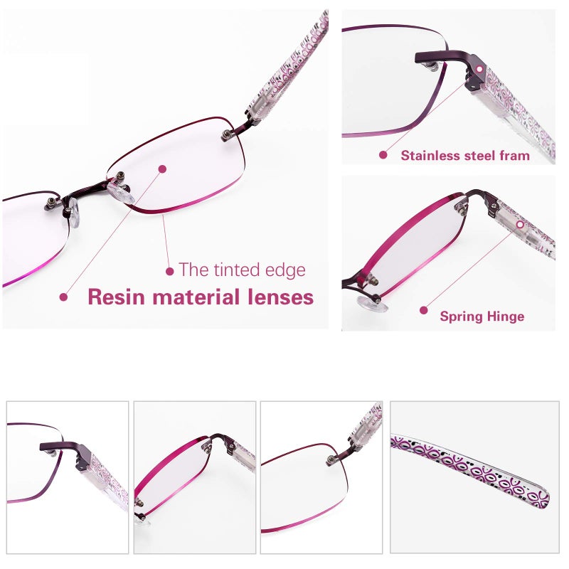 Feivsn 3-Pack Rimless Reading Glasses For Women  Lightweight Spring Hinge Readers  Classic Elegant Artistic Eyeglasses Uv 400 (Red 2.0 Etc) - Image 3