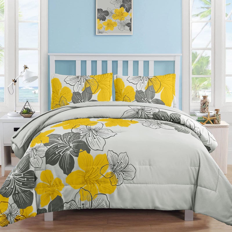 Yellow Comforter Set Queen Size Yellow Floral Pattern Printed on Light Grey Soft Microfiber 7 Pieces Bed in a Bag 1 Comforter 2 Pillow Shams 1 Flat Sheet 1 Fitted Sheet 2 Pillowcases