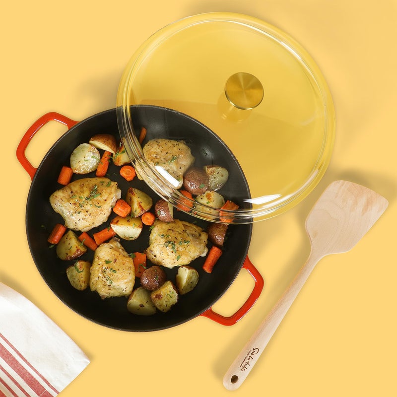Sur La Table Kitchen Essentials Supper Club 3.75 Quart Enamel Cast Iron All In One Multi-Purpose Non-Toxic Nonstick Braiser Pan W/Borosilicate Glass Lid - Red - Image 4