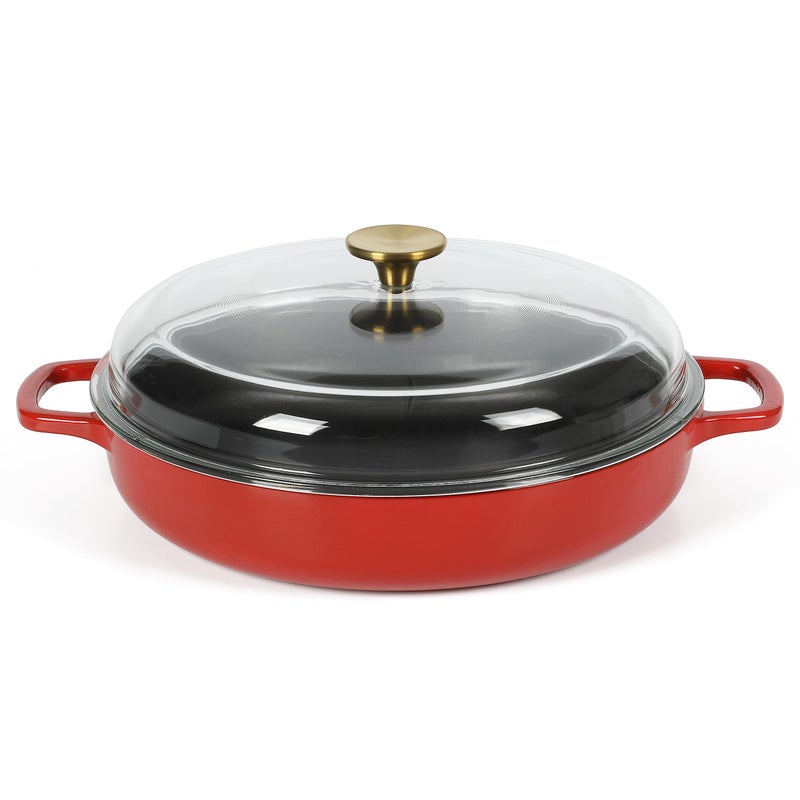 Sur La Table Kitchen Essentials Supper Club 3.75 Quart Enamel Cast Iron All In One Multi-Purpose Non-Toxic Nonstick Braiser Pan W/Borosilicate Glass Lid - Red - Image 1