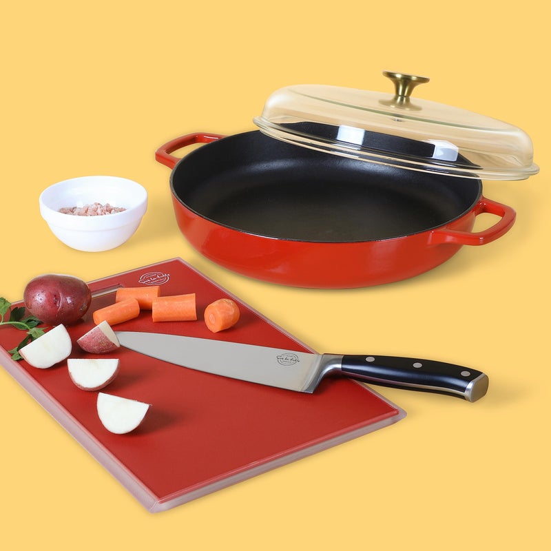 Sur La Table Kitchen Essentials Supper Club 3.75 Quart Enamel Cast Iron All In One Multi-Purpose Non-Toxic Nonstick Braiser Pan W/Borosilicate Glass Lid - Red - Image 3