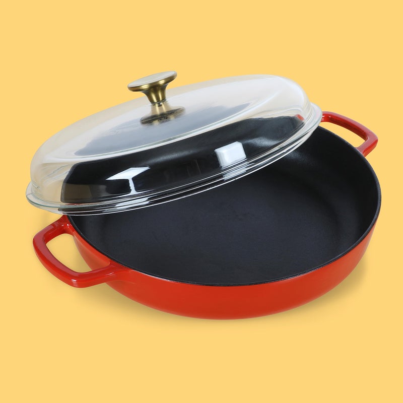 Sur La Table Kitchen Essentials Supper Club 3.75 Quart Enamel Cast Iron All In One Multi-Purpose Non-Toxic Nonstick Braiser Pan W/Borosilicate Glass Lid - Red - Image 2