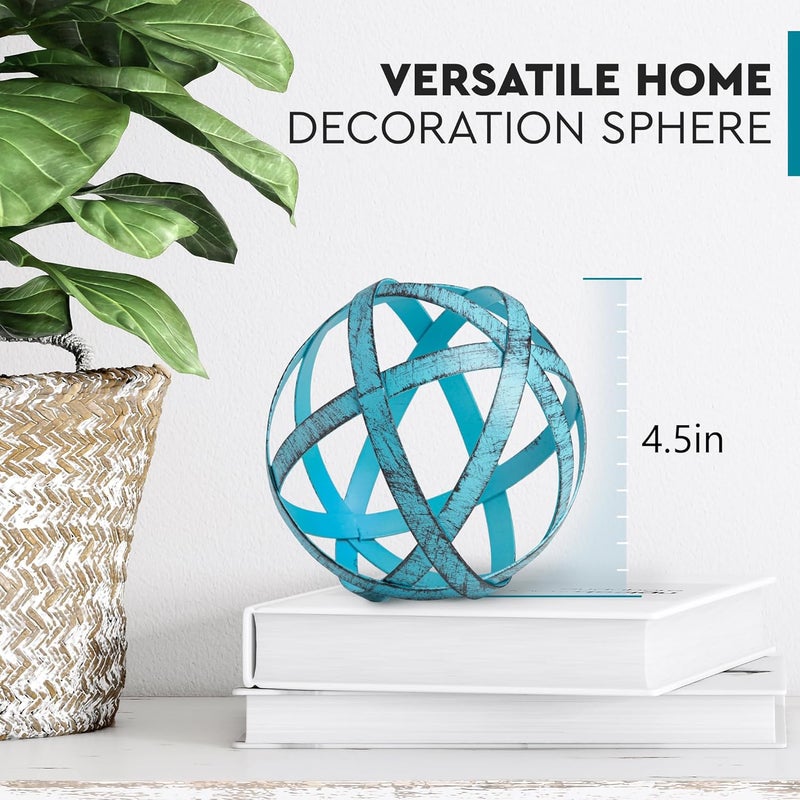 Everydecor Metal Decorative Sphere for Home Decor - Decorative Balls for Shelves, Centerpiece Bowls, Bookshelf - Decoration Orbs Accents for Living Room, Bedroom - Distressed Blue Shelf Spheres - Image 3