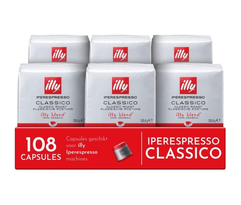 illy Iperespresso Classico Coffee Capsules – 100% Arabica, Gentle & Sweet Taste – Single-Serve Pods, 18 Capsules per Pack – 6 Pack Bundle