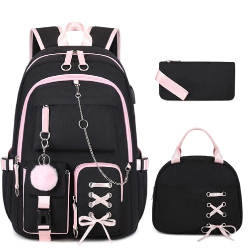 ACESAK Backpacks for Girls Girls Backpack with Lunch Box and Pencil Case for Teen Kids Elementary Middle High School College Student Children Backpack Bookbag with USB Charging Port Black Pink with Chain - Image 1