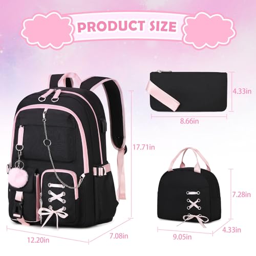 ACESAK Backpacks for Girls Girls Backpack with Lunch Box and Pencil Case for Teen Kids Elementary Middle High School College Student Children Backpack Bookbag with USB Charging Port Black Pink with Chain - Image 3