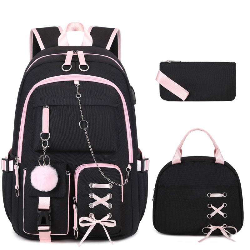 ACESAK Backpacks for Girls Girls Backpack with Lunch Box and Pencil Case for Teen Kids Elementary Middle High School College Student Children Backpack Bookbag with USB Charging Port Black Pink with Chain - Image 2