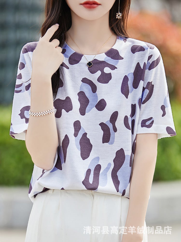 There Is Always A Suitable One-Summer Classic Joker Mulberry Silk Various Printed Pattern Round Neck Short Sleeve T-Shirt - Image 3