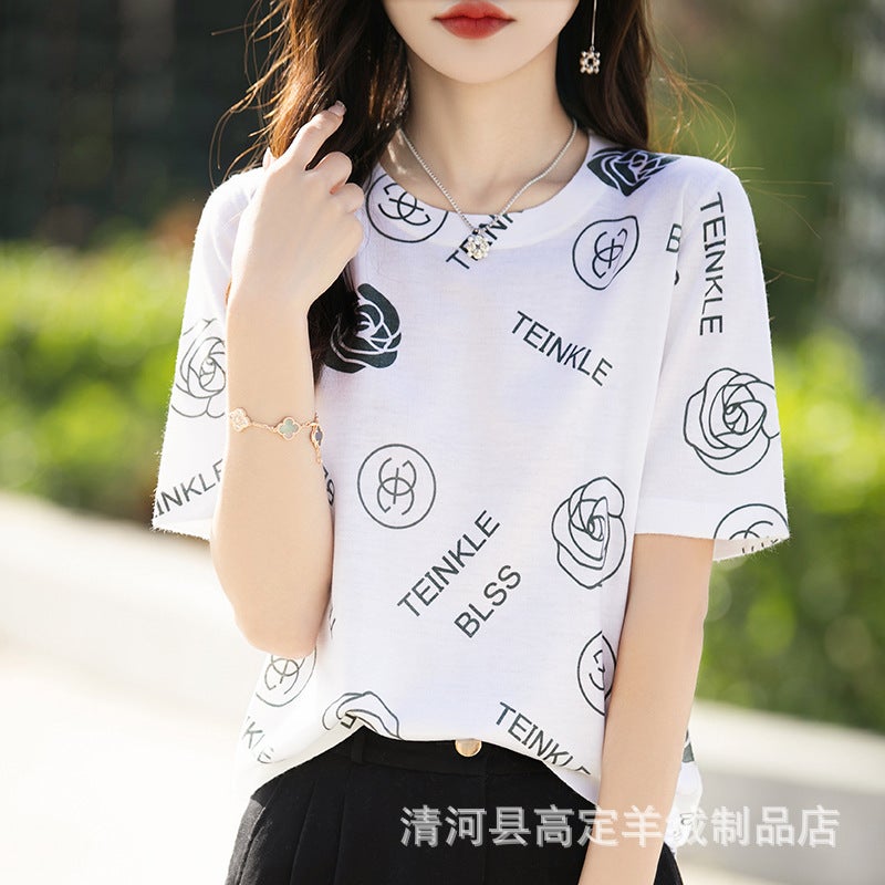 There Is Always A Suitable One-Summer Classic Joker Mulberry Silk Various Printed Pattern Round Neck Short Sleeve T-Shirt - Image 1