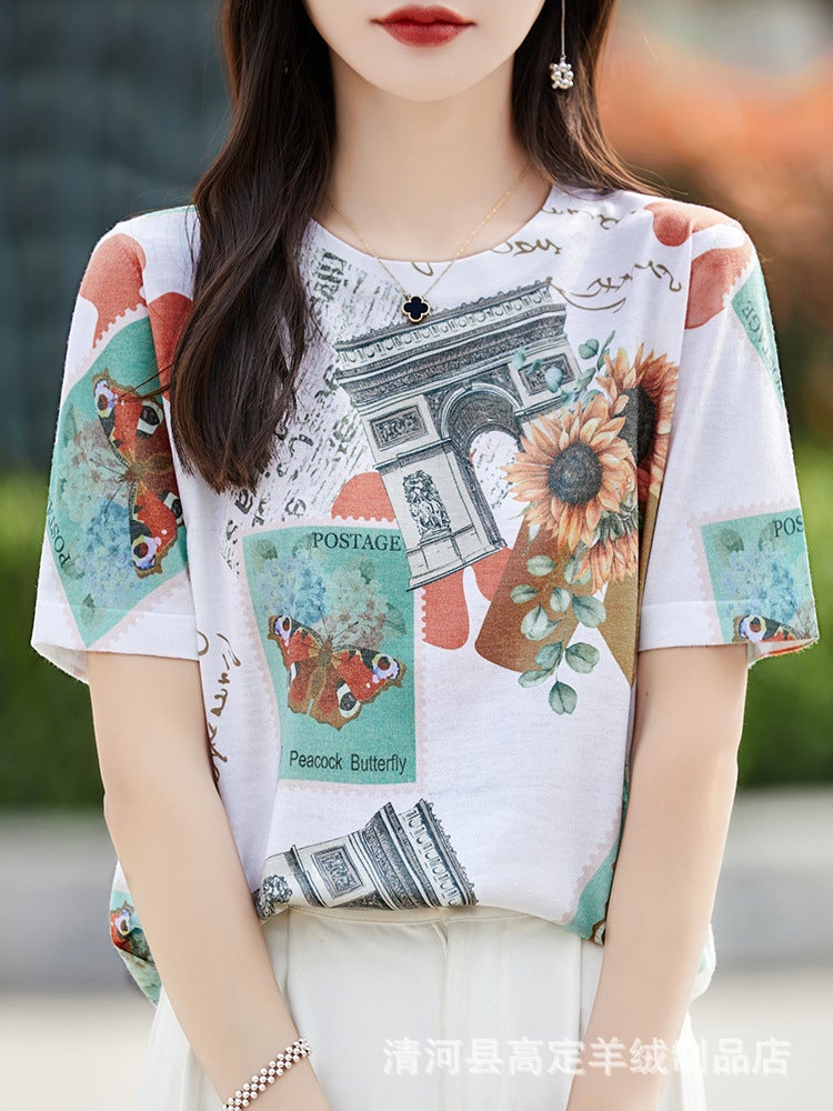 There Is Always A Suitable One-Summer Classic Joker Mulberry Silk Various Printed Pattern Round Neck Short Sleeve T-Shirt - Image 4
