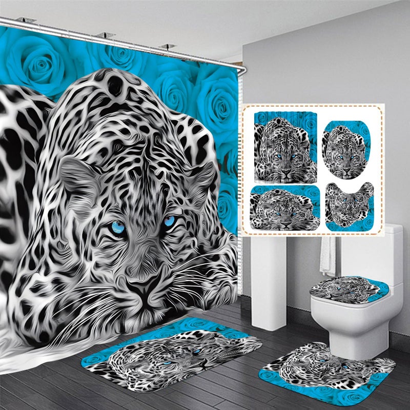 Jieprom 4Pcs Teal Rose And Leopard Shower Curtain Set With Rugs Toilet Lid Cover And Bath Mat  Shower Curtain With 12 Hooks  Complete Bathroom Accessories Bathroom Decor Set - Image 1
