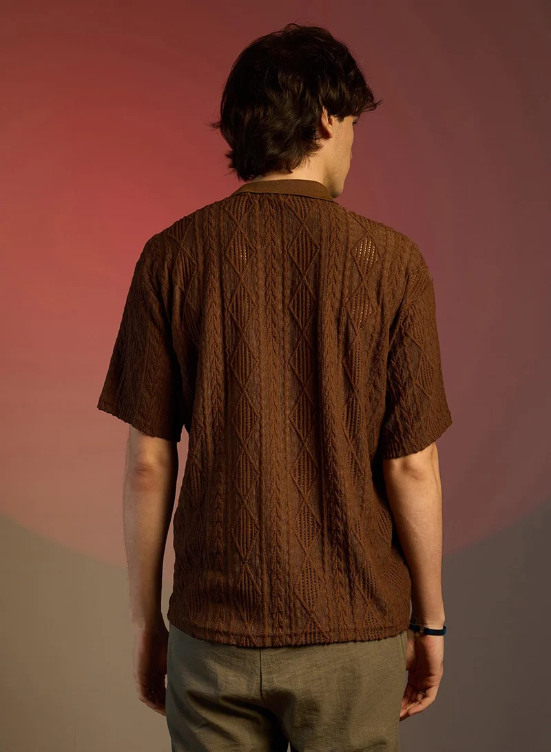 Campus Sutra Campus Sutra Men's Chocolate Brown Argyle Oversized T-Shirt For Casual Wear | Cuban Collar | Short Sleeve | Half-Button Closure | T-Shirt Crafted With Comfort Fit For Everyday Wear