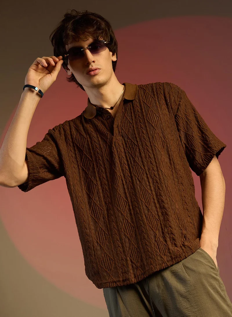 Campus Sutra Campus Sutra Men's Chocolate Brown Argyle Oversized T-Shirt For Casual Wear | Cuban Collar | Short Sleeve | Half-Button Closure | T-Shirt Crafted With Comfort Fit For Everyday Wear