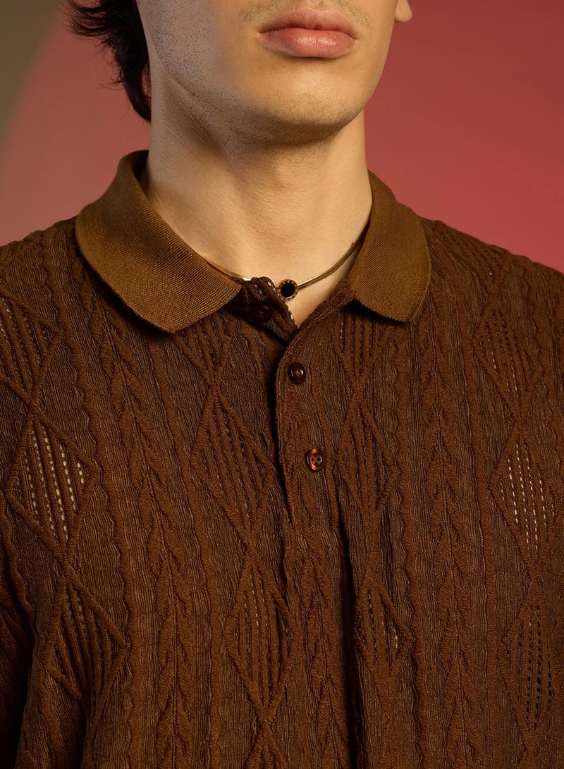 Campus Sutra Campus Sutra Men's Chocolate Brown Argyle Oversized T-Shirt For Casual Wear | Cuban Collar | Short Sleeve | Half-Button Closure | T-Shirt Crafted With Comfort Fit For Everyday Wear