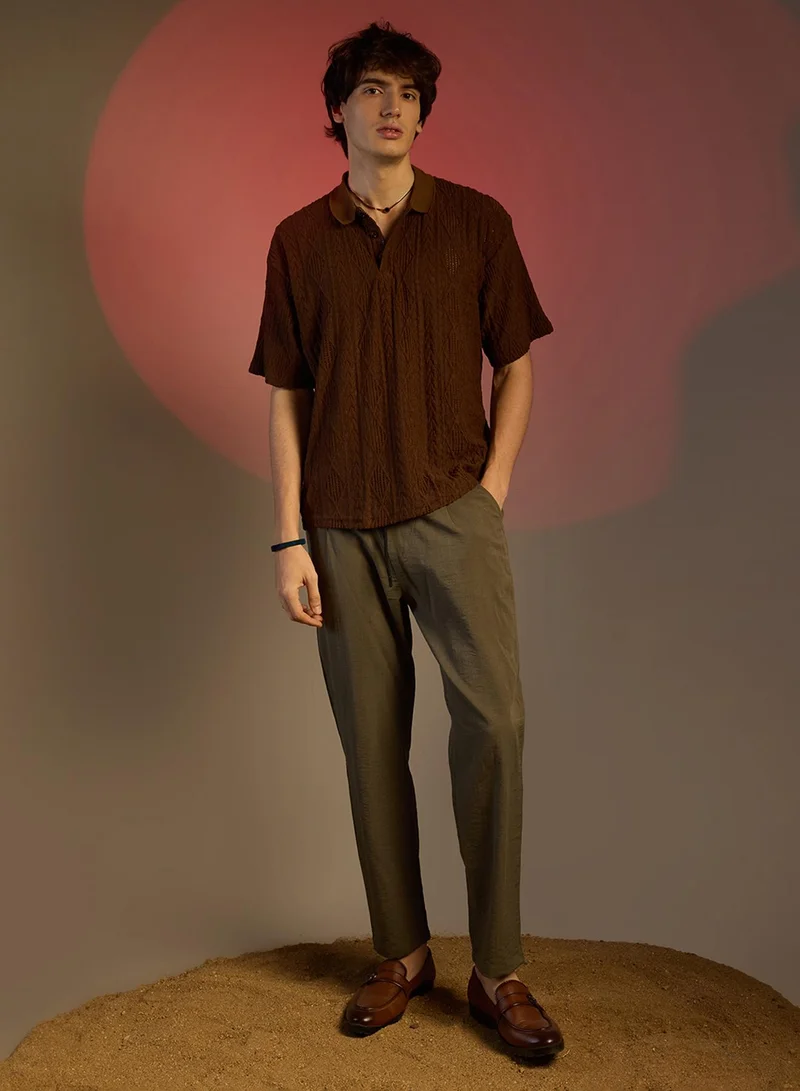 Campus Sutra Campus Sutra Men's Chocolate Brown Argyle Oversized T-Shirt For Casual Wear | Cuban Collar | Short Sleeve | Half-Button Closure | T-Shirt Crafted With Comfort Fit For Everyday Wear