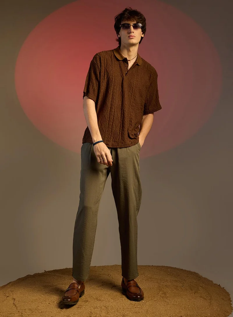Campus Sutra Campus Sutra Men's Chocolate Brown Argyle Oversized T-Shirt For Casual Wear | Cuban Collar | Short Sleeve | Half-Button Closure | T-Shirt Crafted With Comfort Fit For Everyday Wear