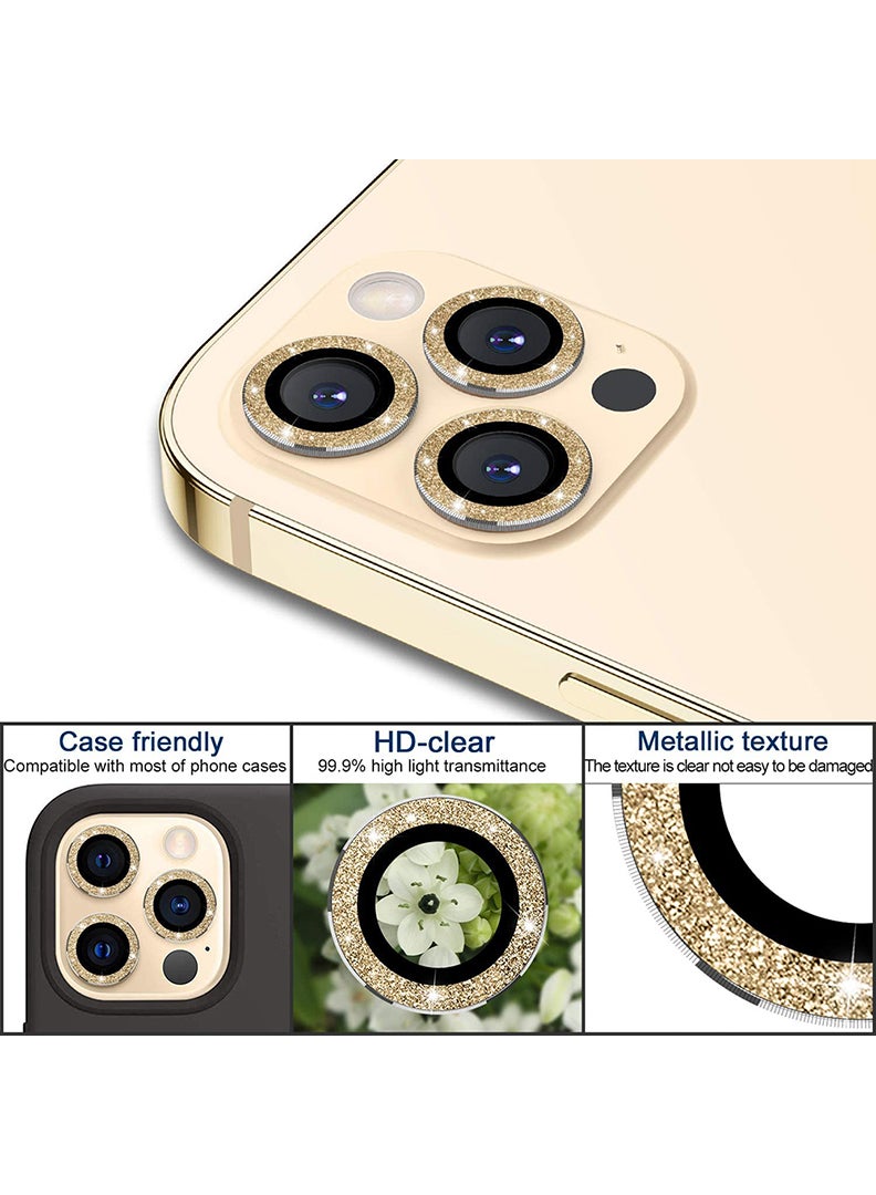 Theodor iPhone 12 Pro Max 3 Pcs Camera Lens Protector With 9H Tempered HD Glass Camera Cover Anti Scratch Aluminum Alloy Camera Ring, Glitter Gold - Image 4