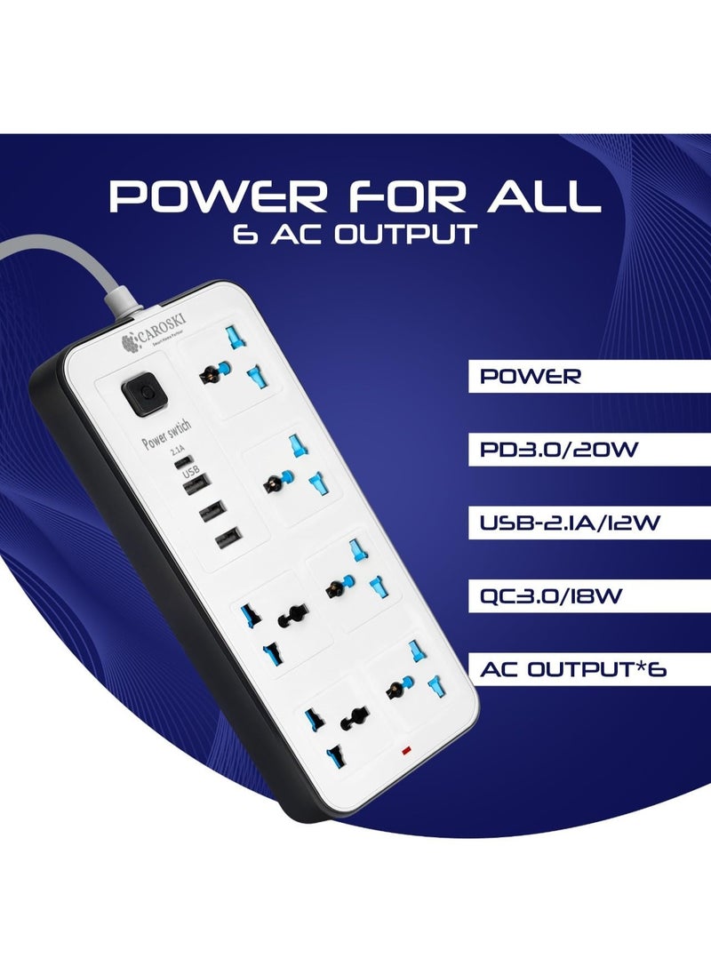 CAROSKI Tower Extension Cord, 6-Power Socket with 4 USB Charger Station - Fire Retardant Multi-Plug Office Supplies Protected Extension Cable (6 Way Universal)  - Image 2