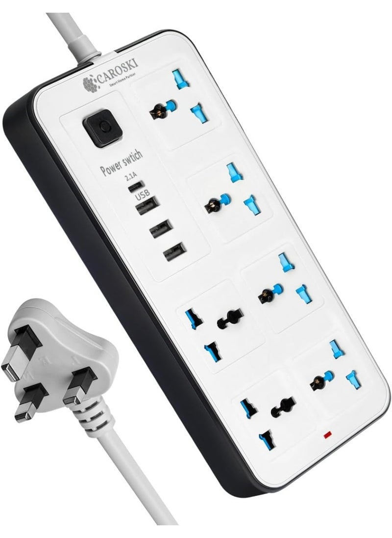 CAROSKI Tower Extension Cord, 6-Power Socket with 4 USB Charger Station - Fire Retardant Multi-Plug Office Supplies Protected Extension Cable (6 Way Universal)  - Image 1