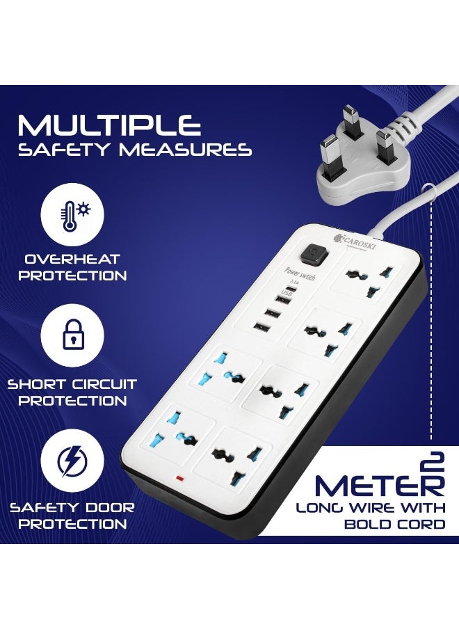 Tower Extension Cord, 6-Power Socket with 4 USB Charger Station - Fire Retardant Multi-Plug Office Supplies Protected Extension Cable (6 Way Universal)